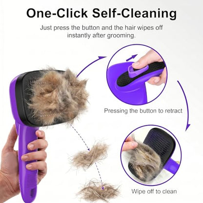 Self Cleaning Slicker Brush for Dog and Cat Deshedding, Purple | Shedding Brush for Dogs & Cats, One-Click Retractable Bristles for Easy Cleaning Flying Hair at Home - color: Purple 1 PCS