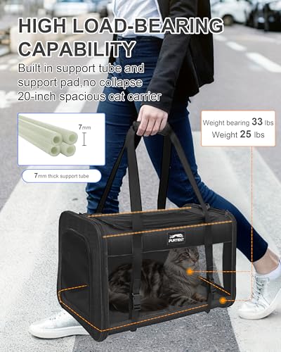 Soft-Sided Large Cat Carrier for 2 Cats, Spacious Foldable Pet Travel Carrier for Large Cats up to 25 Lbs, Double Cat Bag with Shoulder Strap, 20x13x13 Inch, Fits Maine Coon and Small Dogs, Black