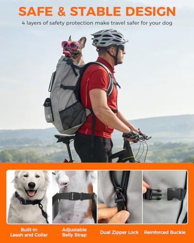 Waterproof Dog Backpack Carrier for Medium Dogs Under 30 lb, Grey | 4-Layer Protection, Adjustable Dog Hiking Backpack with Storage Pockets, Reflective Strips, Non-Slip Handle for Travel - size: 13.3"L x 9.4"W x 24.4"H