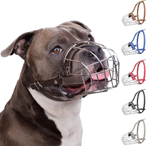 BRONZEDOG Pitbull Dog Muzzle Breathable Metal Basket for Large Dogs Amstaff Staffordshire Terrier Biting Chewing Barking (Leather, Dark Brown) - color: Leather, Dark Brown