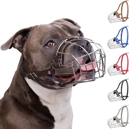 BRONZEDOG Pitbull Dog Muzzle Breathable Metal Basket for Large Dogs Amstaff Staffordshire Terrier Biting Chewing Barking (Leather, Dark Brown) - color: Leather, Dark Brown