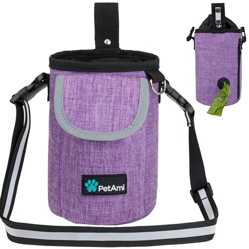 PetAmi Dog Treat Pouch, Large 3-Cup Dog Training Treat Bag with Poop Bag Dispenser, Hands-Free Waist Belt & Crossbody Strap, Reflective with Multiple Pockets & Belt Clip (Purple) - color: Purple
