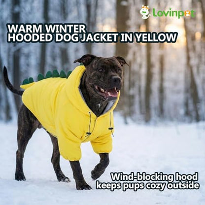 LovinPet Dog Warm Coat with Hood – Medium & Large Dinosaur Hoodie Winter Jacket for Cold Weather, Yellow & Green Coat for Large Dogs,XXL - size: XX-Large