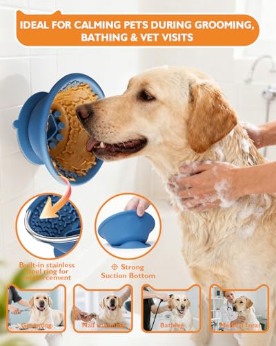 Dog Lick Bowl, Non-Slip Slow Feeder Licking Mat & Treat Dispenser (Wide Bowl Mouth w/Inlaid Stainless Steel Ring) - Interactive Toys, Anxiety Reducer, Freeze Bone for Dogs, BPA Free Silicone - color: Blue+Purple