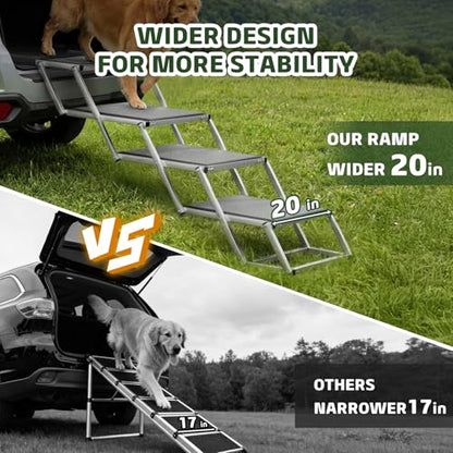 Dog Stairs for Large Dogs, 𝟐𝟎'' 𝐄𝐱𝐭𝐫𝐚 𝐖𝐢𝐝𝐞 Foldable Dog Ramp for Car, SUV & Truck, Non-Slip DogSteps for High Beds, 4-Step Aluminum Frame, Supports up to 250 lbs