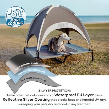 FUNNY FUZZY Elevated Cooling Dog Bed with Canopy(30"x24"x7") – Dog Cot Bed for Small,Medium Dogs with UV Shade, Breathable Mesh for Cooling, Indoor & Outdoor Use for Dogs up to 120 lbs