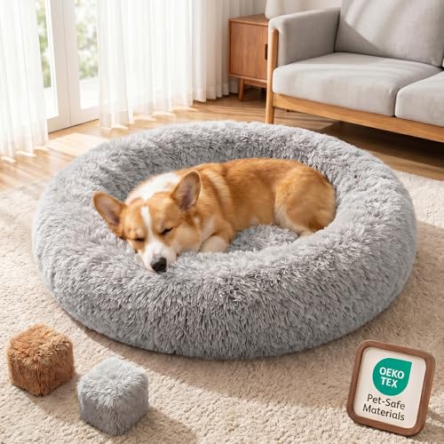 Premium Donut Dog Bed,Dual Memory Foam Orthopedic Dog Beds for Extra Large Sized Dogs,Thick Cooling Gel Fluffy Calming Pet Couch with Removable Waterproof Washable Cover,42 Inch,Grey - color: Grey, size: 42"x42"x8"