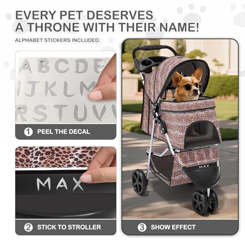 MoNiBloom 3 Wheels Pet Dog Cat Stroller for Small Medium Dogs Cats, Lightweight Foldable Jogger Stroller w/Storage Basket & Cup Holder, Leopard Print - color: Leopard Print