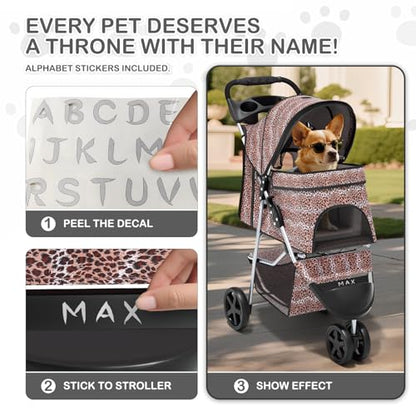 MoNiBloom 3 Wheels Pet Dog Cat Stroller for Small Medium Dogs Cats, Lightweight Foldable Jogger Stroller w/Storage Basket & Cup Holder, Leopard Print - color: Leopard Print