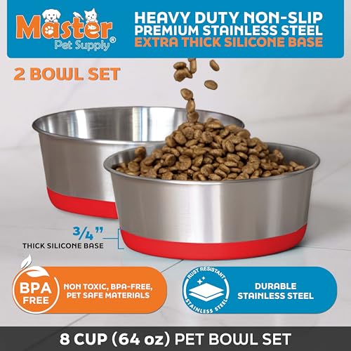 Master Pet Supply Stainless Steel Dog Bowls Set of 2 with Extra Thick Silicone Base - 8 Cup (64 oz) Crimson Red, Non-Slip, Dishwasher Safe Metal Bowls, Pet Dog Food Bowl for Dogs, Cats, Anti Rust - color: Crimson Red, size: 8 Cups (64 oz) 2 Pack