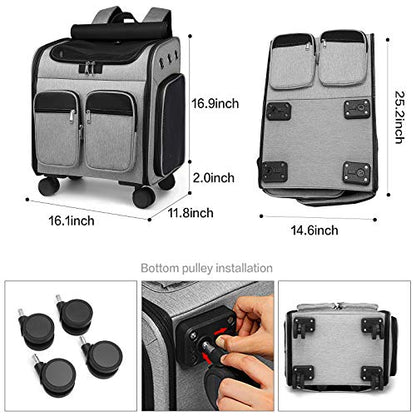 Wheeled Pet Carrier Backpack Pet Stroller, Travel Carrier, Car Seat for Small Dogs Cats Puppies, Comfort Cat Backpack Removable Rolling Wheels – Mesh Ventilation Windows (Large Grey) - color: Large Grey