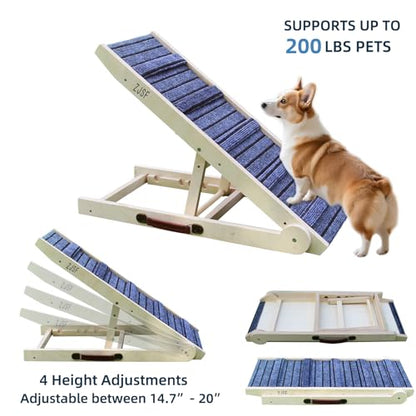 ZJSF Foldable Dog Ramp for High Bed, 32" L | Wooden Dog Stairs, for Small and Large Dogs, High Traction Platform, 4 Adjustable Heights (14.7"-20"), Supports up to 200 lbs - size: 32"L X 13.5"W