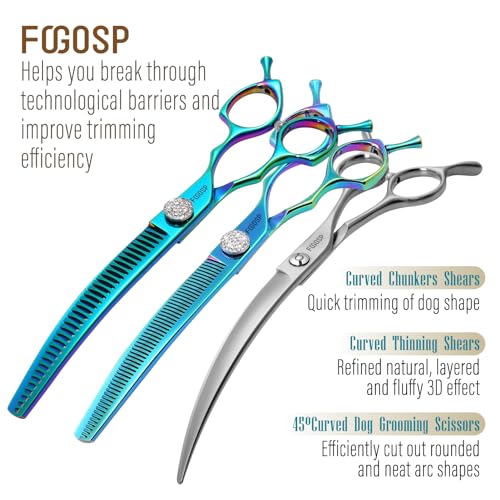 45°Curved Dog Grooming Scissors Curved Thinning Shears Curved Chunkers Dog Shears 3Pcs Combo (Turquoise) - color: Turquoise, size: 7.5 in 3PCS Set