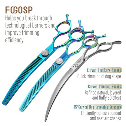 45°Curved Dog Grooming Scissors Curved Thinning Shears Curved Chunkers Dog Shears 3Pcs Combo (Turquoise) - color: Turquoise, size: 7.5 in 3PCS Set