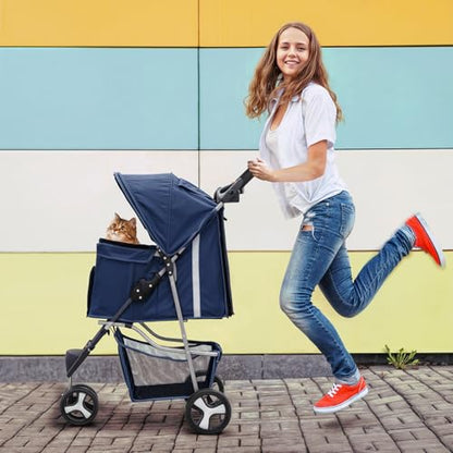MoNiBloom 3 Wheels Pet Stroller, Foldable Dog Cat Cage Jogger Stroller with Weather Cover for All-Season, Storage Basket and Cup Holder, Breathable and Visible Mesh for Small/Medium Pets, Blue - color: Navy Blue