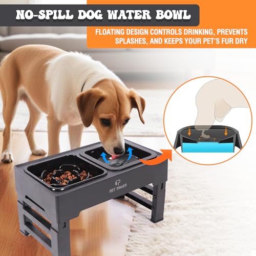 Elevated Dog Bowls with Collapsible Scoop, Slow Feeder Dog Bowls & No-Spill Water Bowl, Raised Dog Bowl Stand 4 Adjustable Heights for Small, Medium & Large Dogs - color: No-Spill Water Bowl & Slow Feeder Black