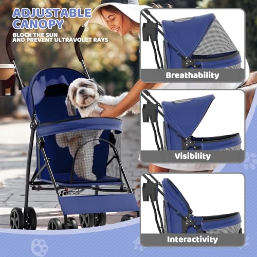 Magshion Compact Pet Stroller for Small-Medium Dogs/Cats up to 22lbs, 4-Wheel Lightweight Umbrella Shaped Portable Puppy Travel Jogger with Breathable Mesh, Cup Holder & Rear Storage, Navy Blue - color: Navy Blue, style: Up to 22 lbs