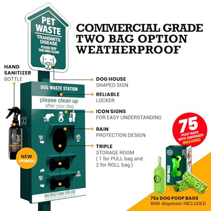 ALAGPRO® NEW 2026 Dog Waste Station Outdoor Pet Waste Station with Hand Sanitizer Bottle, Commercial Dog Poop Station with Free 400 Roll, 200 Pull Waste Bags & 50 Can Liners for Backyard, Park & HOA's
