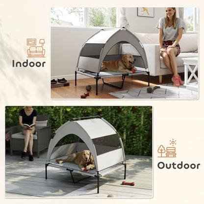 PawHut Elevated Dog Bed with Cooling Pad, Raised Outdoor Pet Bed with Removable Canopy, Breathable Mesh, Storage Bag, Portable Pet Cot for Indoor Outdoor Large Dogs, 36" x 29.5" x 35", Light Gray