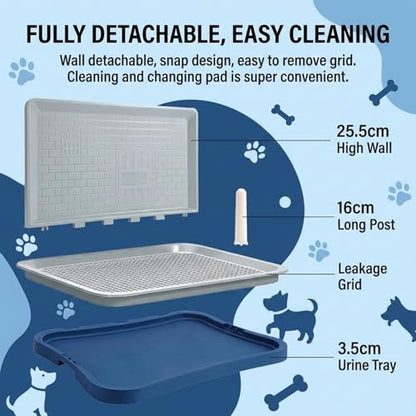 Dog Toilet Indoor Dog Potty Tray with High Walls Removable Mesh Pee Pad Holder Puppy Potty Training Tray for Small Dogs, Blue