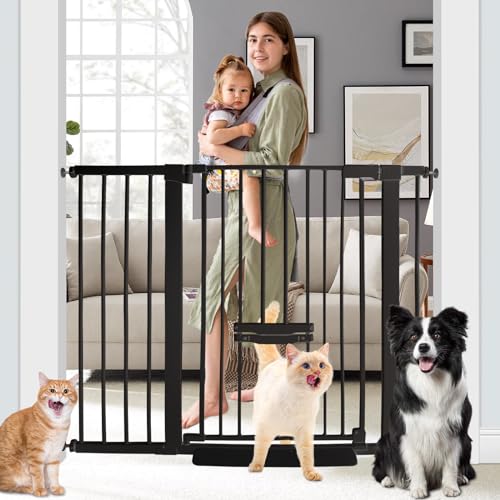 SHYUJAJIE 37 Inch Tall Baby Gate with Cat Door, Adjustable 29.55" and -46.06",Auto Close Pet Gate Easy Walk Thru Pet Door for Stairs, Doorway, House, Pressure Mounted Safety Child Gates - color: Black, size: 37*46.06"