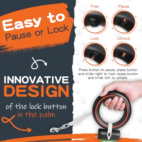 UFO Retractable Dog Leash Hands Free Wearable with Poop Bag Holder One-Handed Brake Pause Lock 360° Tangle Free 10ft Dog Leash for Up to 66lbs Medium Small Dogs (Black/Orange) - color: Black/Orange