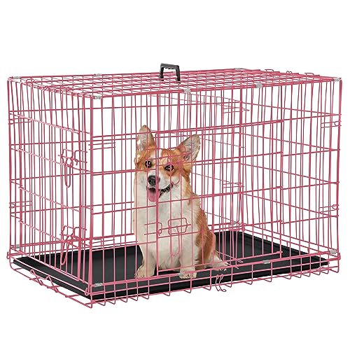 Folding Dog Crate 36" Metal Portable Outdoor Double Door Wire Large Cat Pet Dog Cage Kennel with ABS Tray LC & Divider, Pink - color: Pink, size: 36 inch