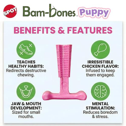 SPOT Bam-Bones Puppy T-Bone Dog Chew Toys, Chicken Flavor, 4 Inch, 2 Pack, Bamboo Fiber & Flexible Rubber, Easy Grip Design for Gentle Chewers, Puppies & Small Dogs Up to 15 lbs