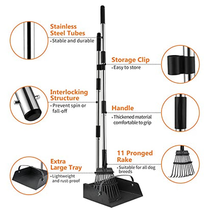 Toozey Dog Pooper Scooper for Large Dogs — Long Handle Poop Scooper for Yard Use, Extra Large Metal Tray & Bag Holder | Easy Cleanup for All Dog Sizes with 20 Bags - size: 43.31" Handle Rake