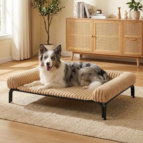 Elevated Dog Bed with Removable Fluffy Pillow Cushion, Raised Pet Cot Washable Bolster, Dog Couch Sofa, Anti Slip Feet, Breathable Mesh, Khaki, 49"×36" - color: khaki, size: XL(49"×36"×8")