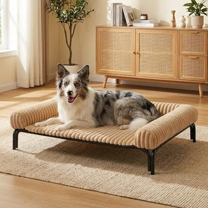 Elevated Dog Bed with Removable Fluffy Pillow Cushion, Raised Pet Cot Washable Bolster, Dog Couch Sofa, Anti Slip Feet, Breathable Mesh, Khaki, 49"×36" - color: khaki, size: XL(49"×36"×8")
