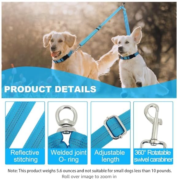 Double Dog Leash Coupler, No Tangle 360° Swivel Adjustable Reflective Dog Leash Splitter for 2 Dogs, Heavy Duty Shock Absorbing Bungee Lead Extension for Small Medium Large Dogs