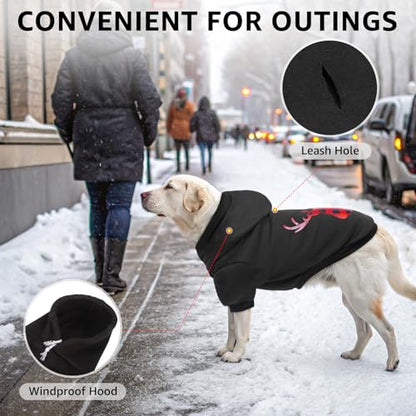 SCENEREAL Christmas Dog Hoodie with Leash Hole, Warm & Soft Fleece Pet Sweater & Sweatshirt for Small Medium Large Dogs, Xmas Elk Print Pets Clothes Cold Weather Costume, M - color: Black (Elk Print), size: Medium