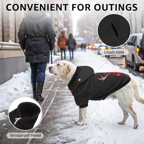 SCENEREAL Christmas Dog Hoodie with Leash Hole, Warm & Soft Fleece Pet Sweater & Sweatshirt for Small Medium Large Dogs, Xmas Elk Print Pets Clothes Cold Weather Costume, L - color: Black (Elk Print), size: Large