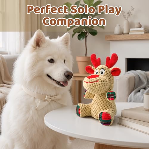 Reindeer Squeaky Dog Toy – Soft Crinkle Stuffed Chew Toy for Small & Medium Dogs, Cute Plush Puppy Toy - color: Beige Reindeer