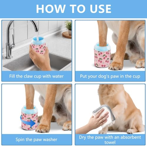 Cherries Flowers Pink Pattern Dog Paw Cleaner Cup with Soft Silicone Brush, Small Portable Lightweight Muddy Paw Washer for Dogs, Easy to Use Pet Foot Cleaner