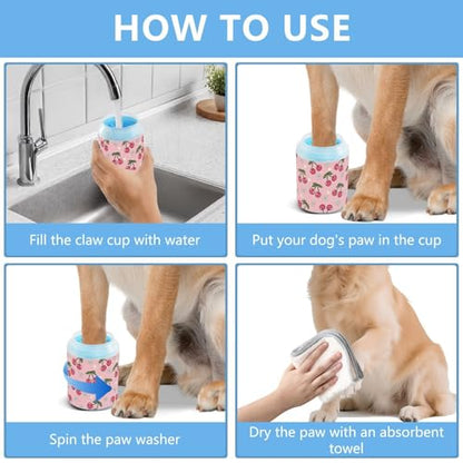 Cherries Flowers Pink Pattern Dog Paw Cleaner Cup with Soft Silicone Brush, Small Portable Lightweight Muddy Paw Washer for Dogs, Easy to Use Pet Foot Cleaner