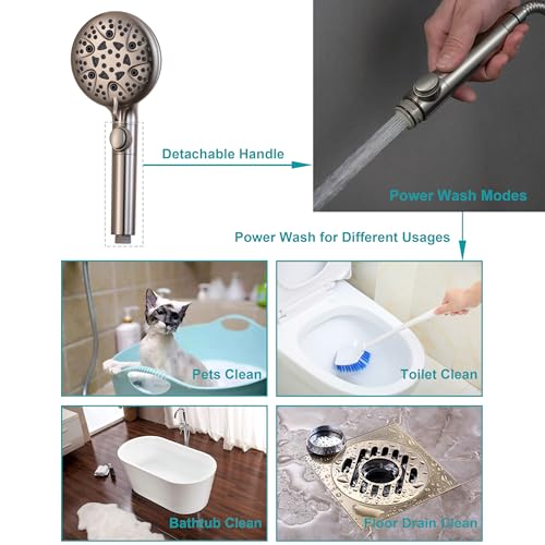 GwernKB Brushed Nickel Shower Heads Handheld with On Off Switch,8-Mode High Pressure Shower Wand with 79In Stainless Steel Hose&Bracket PLUS Low-Reach Adhesive Wall Mount Holder for Kids&Elderly - color: Brushed Nickel
