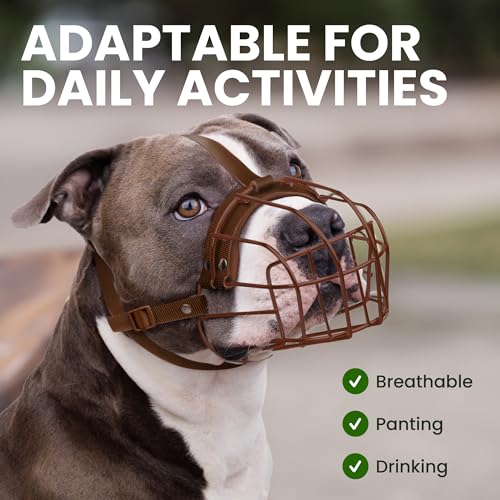 BRONZEDOG Pitbull Dog Muzzle Breathable Metal Basket for Large Dogs Amstaff Staffordshire Terrier Biting Chewing Barking (Nylon, Brown) - color: Nylon, Brown