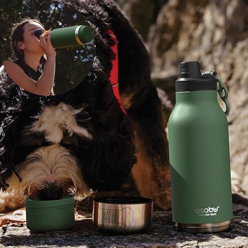 asobu Dog Barky Bottle - 음식, 간식 및 물을 위한 탈착식 강아지 그릇 2개가 있는 단열 스테인리스 스틸 물병 - 하이킹, 도로 여행 및 야외 모험을 위한 반려동물 친화적인 여행용 병 - color: 바질 그린.