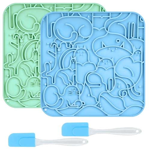 Lick Mat for Dogs,Lick Pads for Cats with Suction Cups- Large&Small Pet Anxiety Relief, Slow Feeder Dog Bowls, Bathing, Grooming and Training -2PCS Packing (Blue+Green, Small) - color: BLUE+GREEN, size: Small