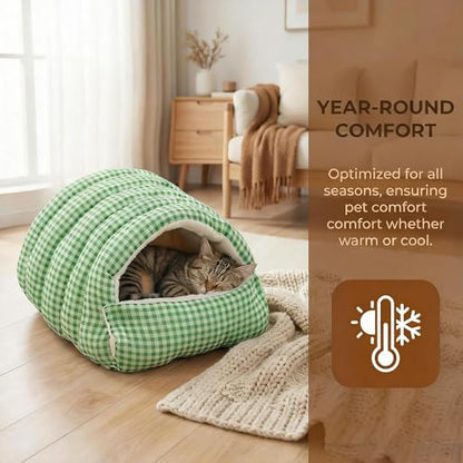 Small Cat Dog Cave Bed Calming Pet Nest Warm Plush Covered Cat House with Hooded Blanket Removable Hooded Blanket Cushion Washable Soft Calming Indoor Cat Bed(Green, Small) - color: Green, size: Small
