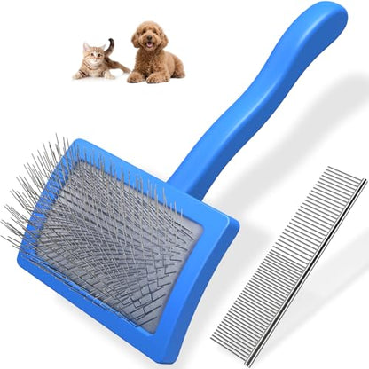 2PCS Slicker Brush for Dogs & Pet Comb,Professional Dog Grooming Brush (Goldendoodles,Poodles,Labradoodles) with Extra Long Pins to Effectively Remove Tangles, Knots and Mats (Blue, Medium) - color: Blue, size: Medium