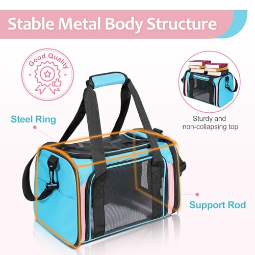 Discala Cat Dog Carrier Up to 15 Lbs TSA Airline Approved Pet Carrier for Small Medium Cats Puppies Dog Carriers for Small Dogs Collapsible Soft Sided Cat Travel Carrier - Blue&Pink 17"x11"x11" - color: Blue&Pink