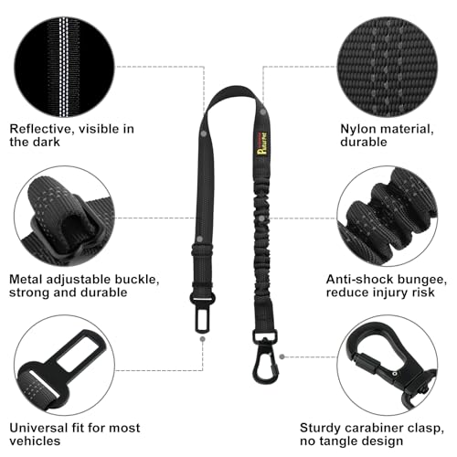 Plutus Pet Dog Seat Belt for Car, Adjustable Dog Car Harness with Carabiner Clip, Reflective Safety Dog Seatbelt Leash with Elastic Bungee, Black - color: Black