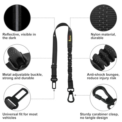 Plutus Pet Dog Seat Belt for Car, Adjustable Dog Car Harness with Carabiner Clip, Reflective Safety Dog Seatbelt Leash with Elastic Bungee, Black - color: Black