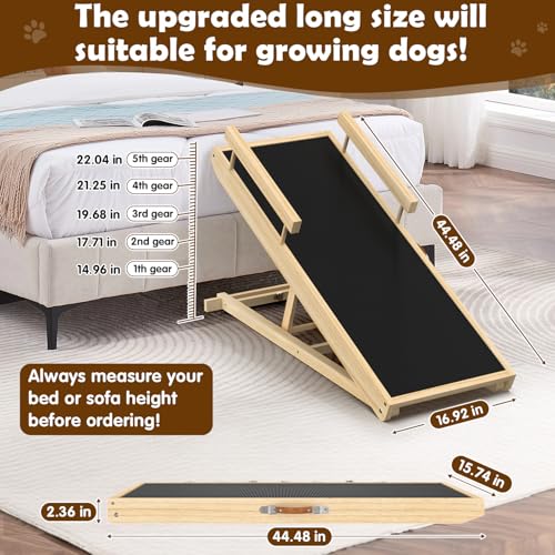 Dog Ramp for Couch, Bed or Car, Wooden 44" Long Pet Stairs for Small & Large Old Dogs & Cats, Hold up to 200lb, 5 Adjustable Height from 14.96" to 22", Portable Doggie Steps, Excellent Traction - size: 44"L*15.74"W*14.96"~22.04"H