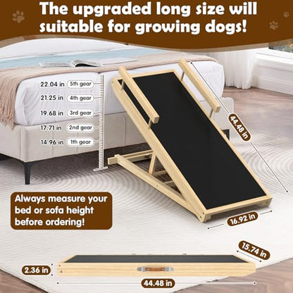 Dog Ramp for Couch, Bed or Car, Wooden 44" Long Pet Stairs for Small & Large Old Dogs & Cats, Hold up to 200lb, 5 Adjustable Height from 14.96" to 22", Portable Doggie Steps, Excellent Traction - size: 44"L*15.74"W*14.96"~22.04"H