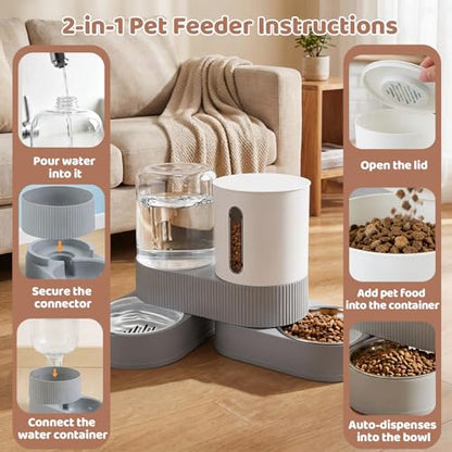 Gravity Cat Feeder 2 Pack Automatic Food Feeder and Water Dispenser Set Detachable Pet Bowl with Silicone Mat for Cats Small Medium Dogs, Large Capacity(Grey) - color: Grey-With mat