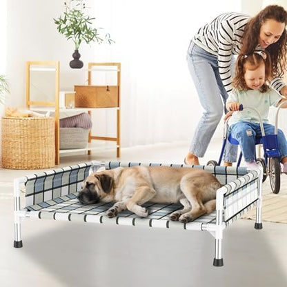 Elevated Raised Outdoor Dog Bed - Cooling Washable Dog Cot with Guardrail, Durable & Breathable Cotton Mesh Pet Hammock Beds with Stainless Steel Pipe Frame for Large Pets (34'' x 26'' x 12'') - size: 34'' x 26'' x 12''